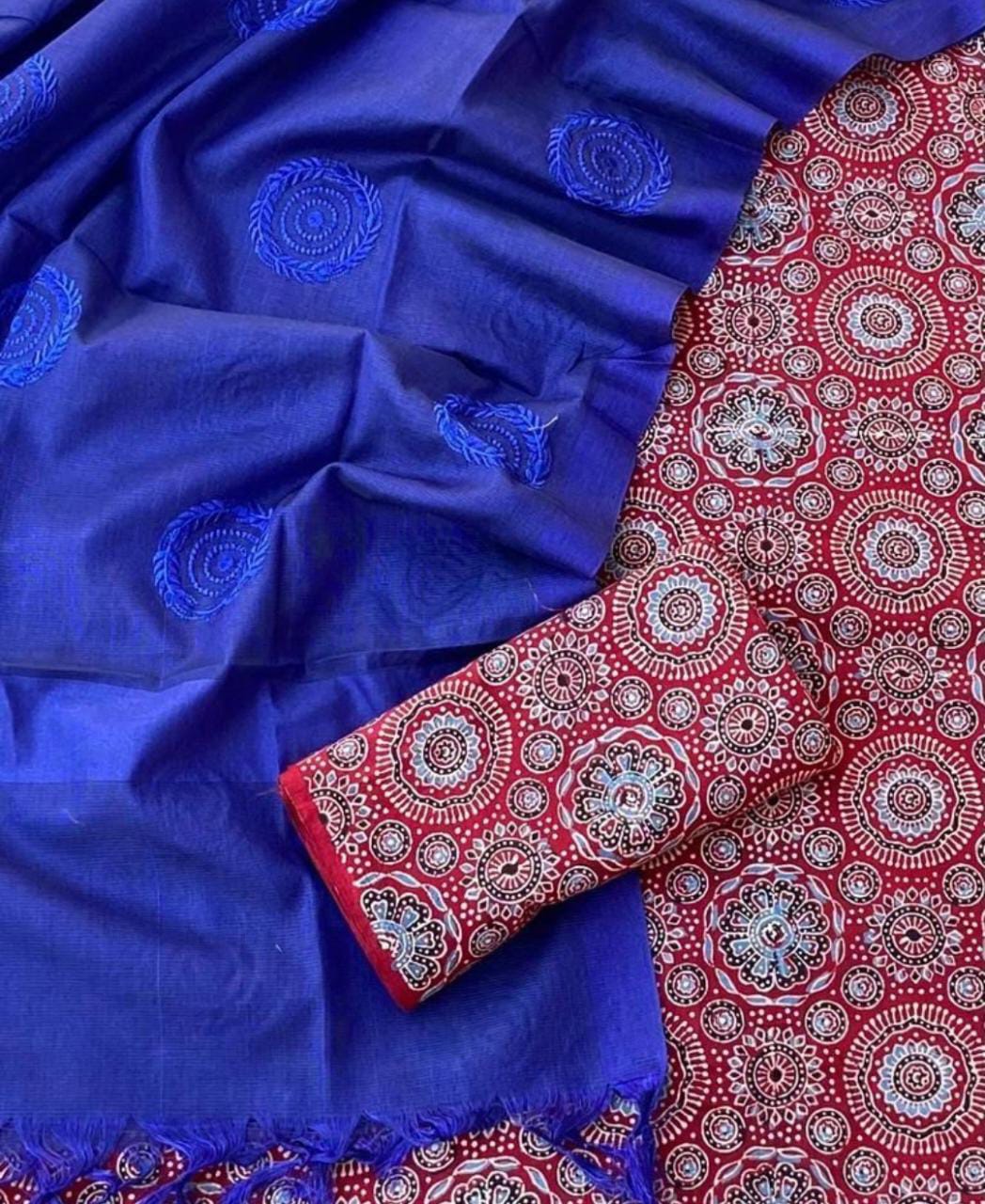 Ajrakh print tukdi (patchwork) dupatta with cotton suit