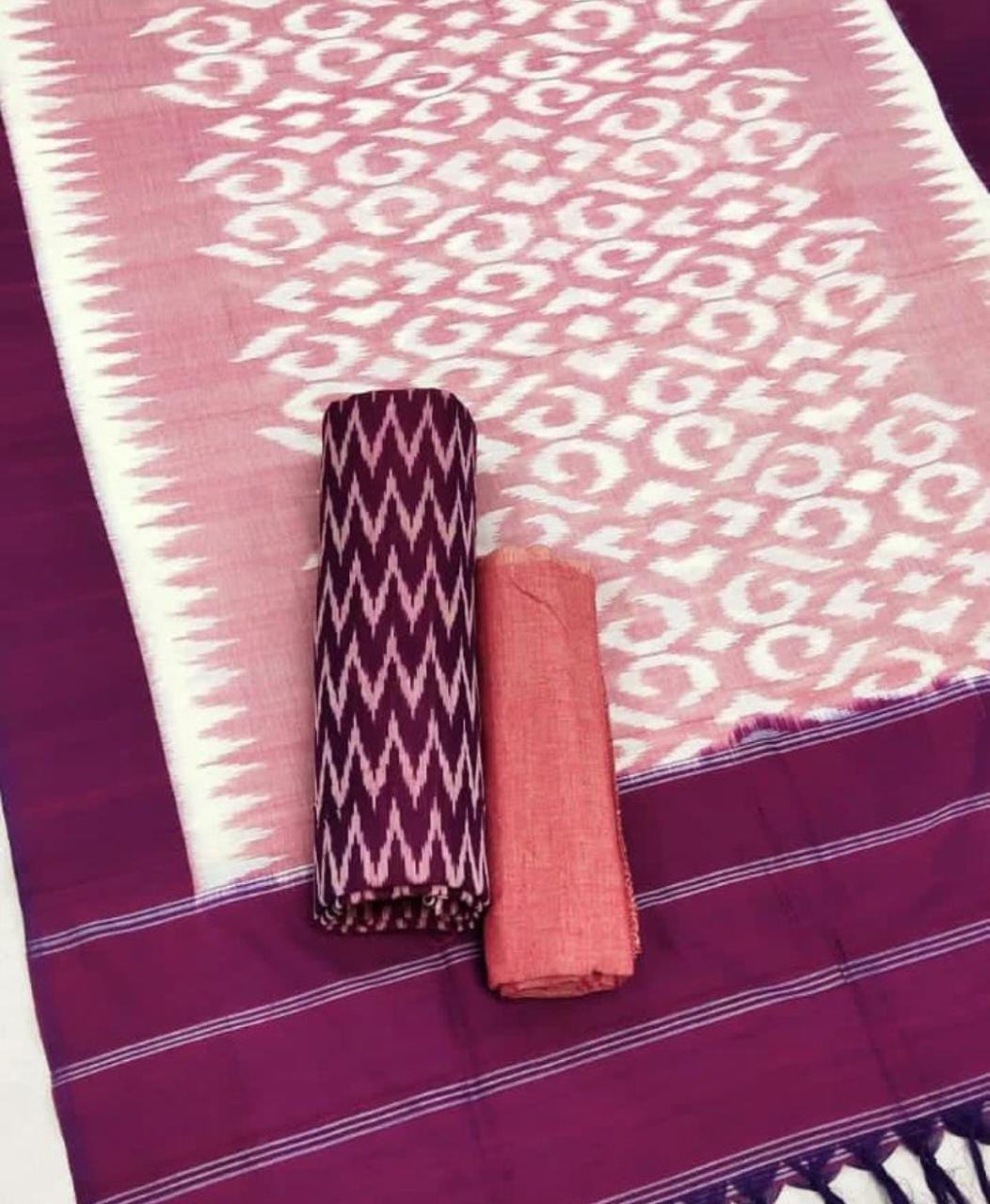 Ajrakh print tukdi (patchwork) dupatta with cotton suit  Kurta: 2.50m(L), 44″(W) katha(cotton)  Bottom: 2.50m(L), 44″(W) Ajrakh print Dupatta: 2.40m (cotton)