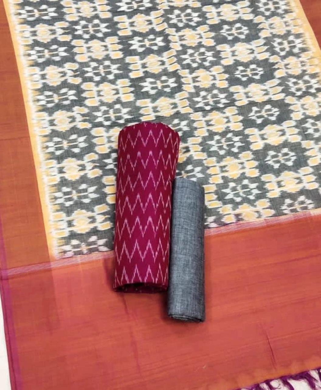 Ajrakh print tukdi (patchwork) dupatta with cotton suit  Kurta: 2.50m(L), 44″(W) katha(cotton)  Bottom: 2.50m(L), 44″(W) Ajrakh print Dupatta: 2.40m (cotton)
